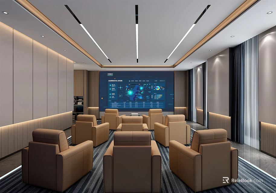 Modern Home Theater Interior With Large Screen Brown Leather Sofas Multiple Rows Of Seats 3d model 