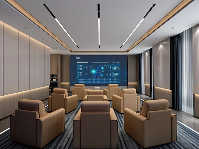 Modern Home Theater Interior With Large Screen Brown Leather Sofas Multiple Rows Of Seats 3d model