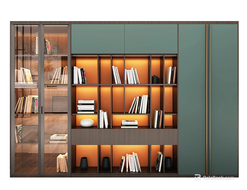 Modern Bookcase With Glass Doors Built-in Lighting Layered Shelves And Decorative Items 3d model 