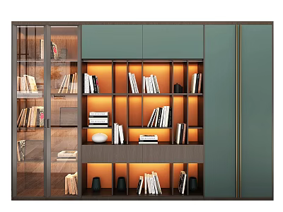 Modern Bookcase With Glass Doors Built-in Lighting Layered Shelves And Decorative Items 3d model