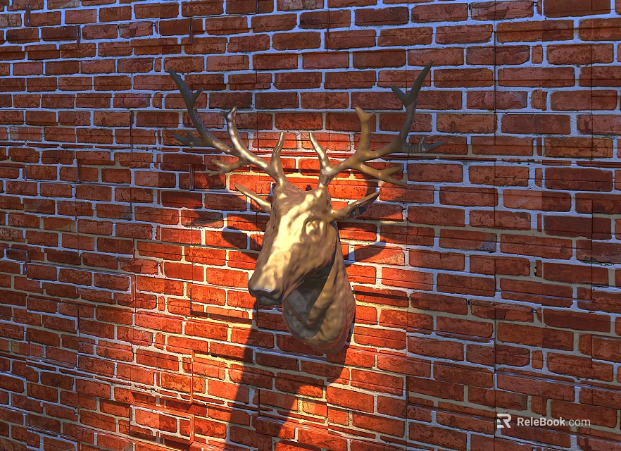 Stylish Animal Wall Decor Featuring Realistic Deer Head Mounted On Red Brick Wall 3d model 