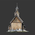 Traditional Wooden House With Gray Roof Tower Structure And Water Reflection