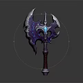 Fantasy Battle Axe With Purple Blades Blue Gemstone And Red Handle