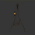 Outdoor Swing Chair With Wooden Slat Seat Metal Frame And Decorative Lanterns On Both Sides