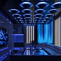 Modern KTV Interior With Blue Lighting Ceiling Circular Lights And Vertical Strips 3d model