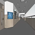 School Corridor With White Walls Wooden Panels Blue Poster Windows And Trees Outside
