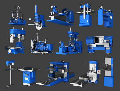Various Types of Industrial Equipment Including Lathes Mills Drills and Mechanical Tools 3d model