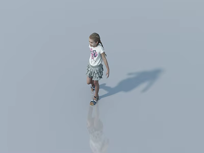 Young Woman Walking On White Background In White T-shirt And Gray Skirt With Shadow Reflection 3d model