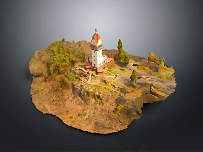Scenic Island Terrain With White Tower Red Roof And Green Trees Paths 3d model