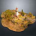 Scenic Island Terrain With White Tower Red Roof And Green Trees Paths