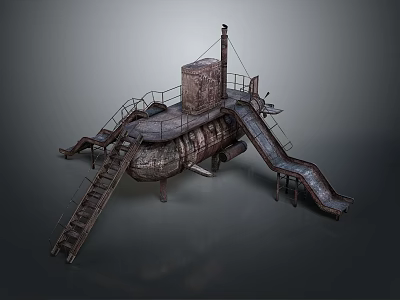 Vintage Rusted Underwater Weapon With Conning Tower Metal Ladders And Sliding Exit 3d model