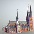 Ancient Red Brick Building With Twin Spires And Clock Tower Gothic Design 3d model