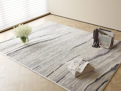 Light Gray Striped Square Rug on Wooden Floor with White Flower Vase and Magazine 3d model