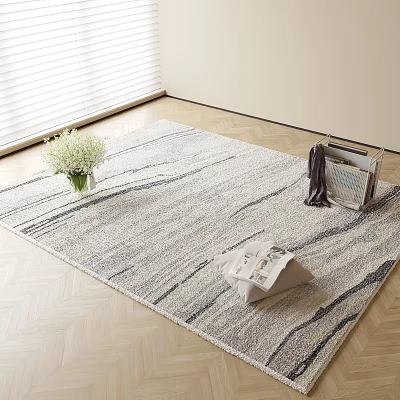 Light Gray Striped Square Rug on Wooden Floor with White Flower Vase and Magazine 3d model