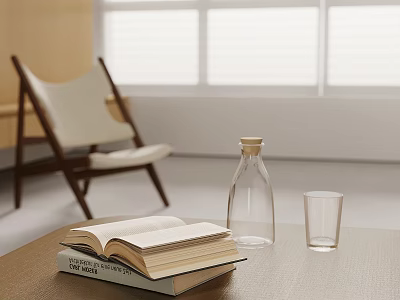Interior Design Setup With Open Book Stacked Books Glass Bottle And Cup On Table 3d model