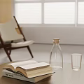 Interior Design Setup With Open Book Stacked Books Glass Bottle And Cup On Table