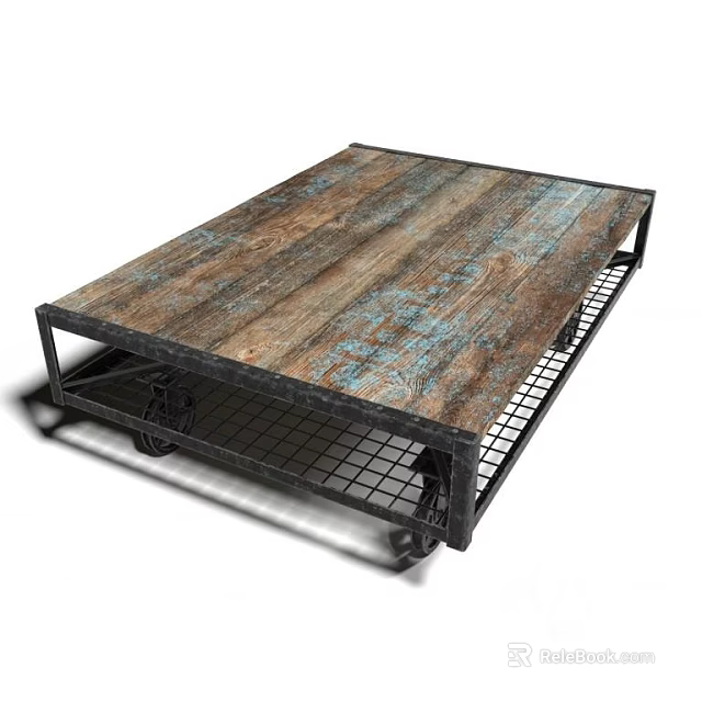 Vintage Distressed Wooden Top Coffee Table With Black Metal Frame And Mesh Shelf 3d model 