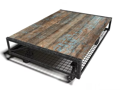 Vintage Distressed Wooden Top Coffee Table With Black Metal Frame And Mesh Shelf 3d model