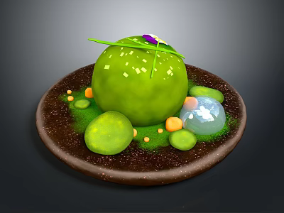 Green Plant Displaying Leaf Purple Flower On Brown Plate With Round Orange Particles Transparent Spheres 3d model