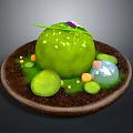 Green Plant Displaying Leaf Purple Flower On Brown Plate With Round Orange Particles Transparent Spheres