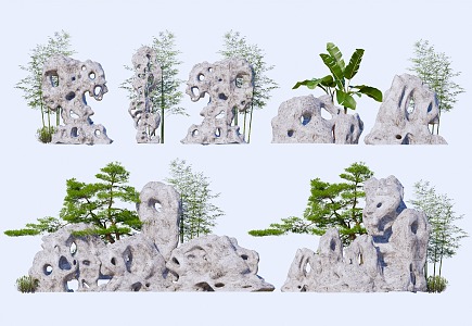 Taihu stone rockery stone landscape stone landscape sketch bamboo courtyard sketch pine 3d model