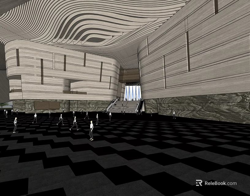 Stunning Modern Hotel Lobby Interior With Checkered Floor And Wavy Ceiling 3d model 