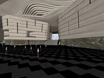 Stunning Modern Hotel Lobby Interior With Checkered Floor And Wavy Ceiling 3d model