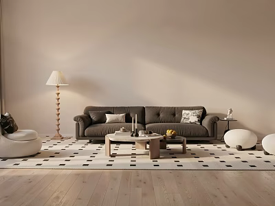 Gray Sofa and Coffee Table Set with Accent Pillows in Modern Living Room Checkered Rug 3d model
