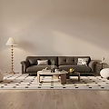 Gray Sofa and Coffee Table Set with Accent Pillows in Modern Living Room Checkered Rug