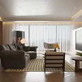 Warm Elegant Living And Dining Room With Plush Sofa Wooden Coffee Table And Storage Bookshelf