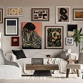 Light Sofa And Wooden Coffee Table Set With Throw Pillows Framed Art And Accent Chair