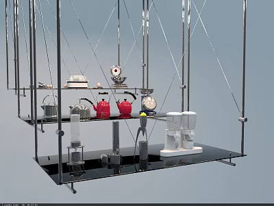Stylish Kitchenware Collection On Metal Rack With Red Kettles White Blender And Tools 3d model