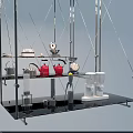 Stylish Kitchenware Collection On Metal Rack With Red Kettles White Blender And Tools