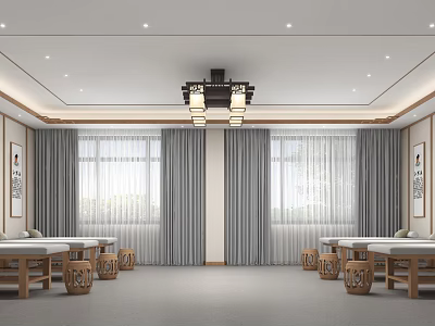 Chinese Style Tea Room Interior With Wooden Tables Chairs Hanging Lantern And Curtains 3d model