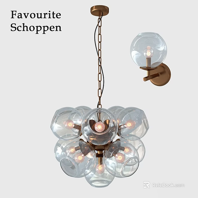 Modern Transparent Glass Ball Chandelier With Brass Metal Frame And Hanging Chain 3d model 