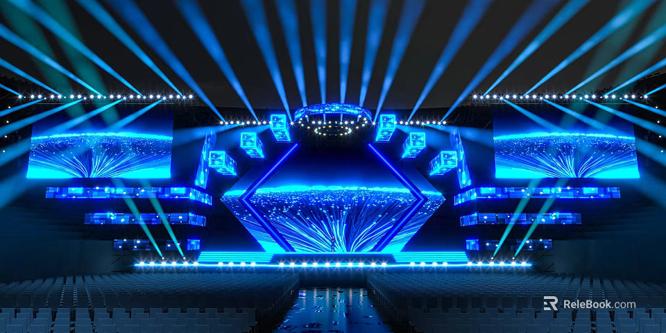 Futuristic Stage Design With Blue Lighting LED Screens And Geometric Structures 3d model