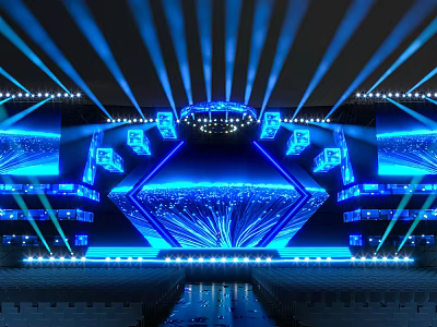 Futuristic Stage Design With Blue Lighting LED Screens And Geometric Structures 3d model