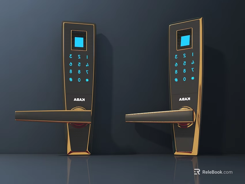 Smart Digital Door Handle with Blue Screen Keypad and ABAX Gold Black Design 3d model 