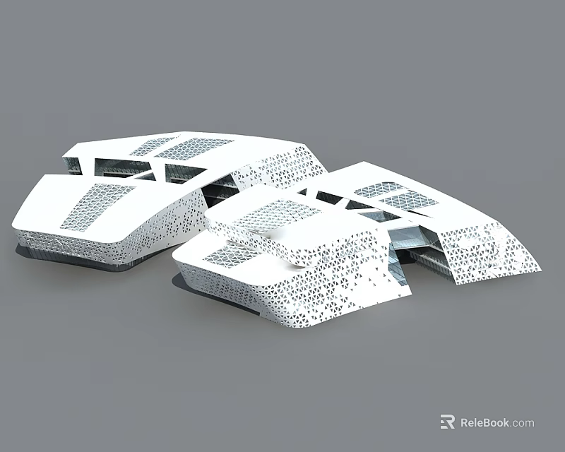 Modern Office Building With Unique Geometric Structures And White Exterior Design 3d model