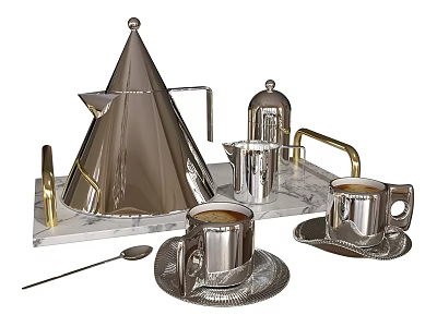 Elegant Silver Metal Tea Set With Cone Kettle Cups And Golden Handles On Marble Tray 3d model