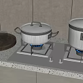 Kitchen Gas Stove With Silver Pots Blue Flames Metal Tray And Cups On Countertop