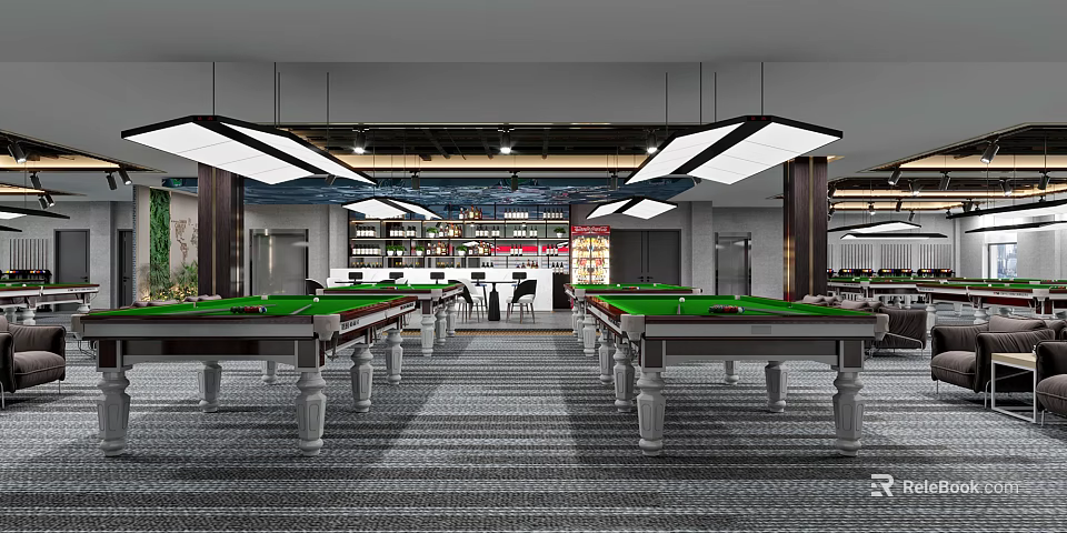 Modern Billiard Room Interior With Green Felt Tables Hanging Lights And Seating 3d model 