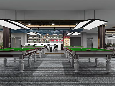 Modern Billiard Room Interior With Green Felt Tables Hanging Lights And Seating 3d model
