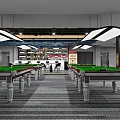 Modern Billiard Room Interior With Green Felt Tables Hanging Lights And Seating