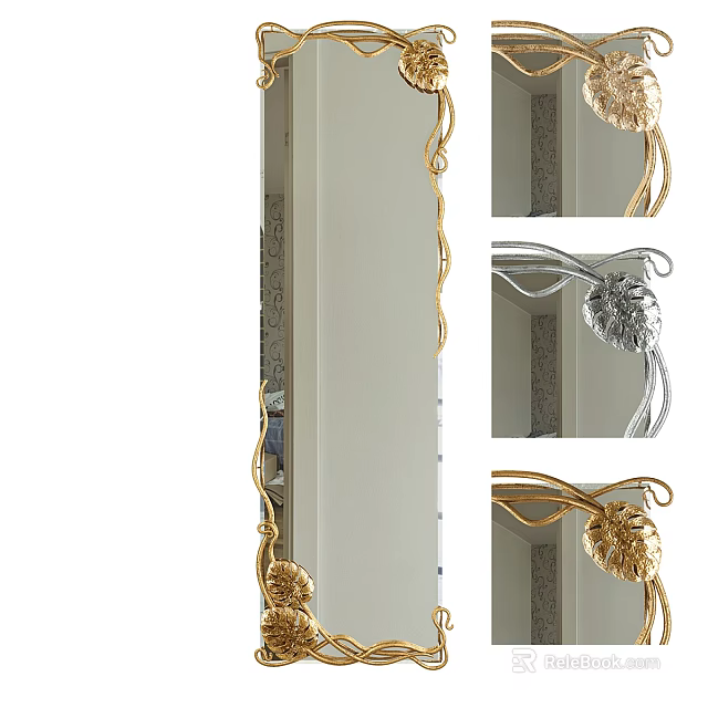 Ornate Decorative Mirror With Gold Silver Curved Frame And Intricate Design Details 3d model 