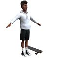 A young man wearing white hoodie black shorts with skateboard on white background