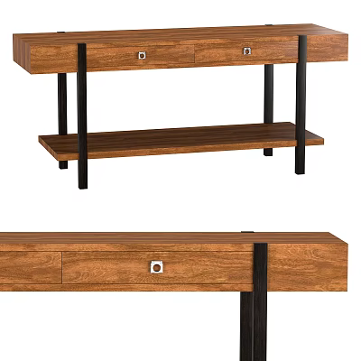 Wooden Console Table With Two Drawers Black Metal Legs And Lower Shelf 3d model