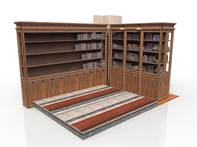 Wooden Bookshelf Units With Multiple Shelves And Books On Carpeted Floor 3d model