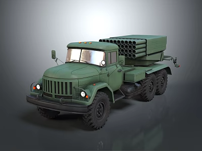 Green Military Truck Mounted With Multiple Tube Rocket Launcher Weapon System 3d model