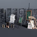 Display of Musical Instruments and Art Supplies with Chalkboards Easels and Artwork